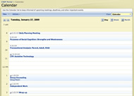 Image shows a screen shot of the daily calendar view.  The date, times, and hyperlinked session titles are observable.